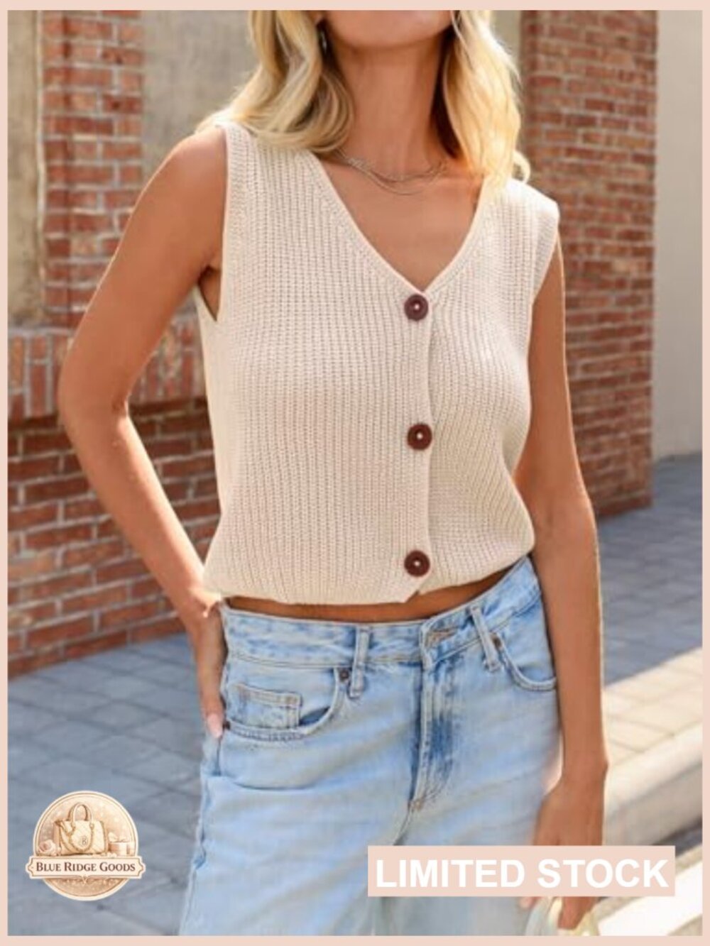 Crop Knit Vest V Neck Button Down Y2K Sleeveless Chunky Sweater Tank Top - Picture 2 of 7